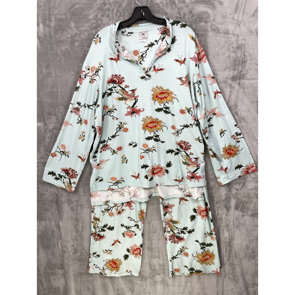 Natori Pajama Set XL Blue Floral Long Sleeve Top+ Pants Oriental Soft Stretch